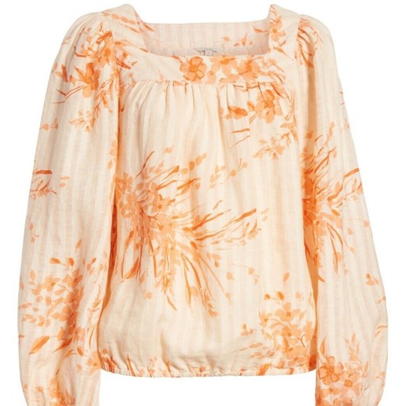 JOIE Cadby LINEN BLOUSE S Floral Island Sunset Square Neck Balloon Sleeves $228 - Picture 7 of 10